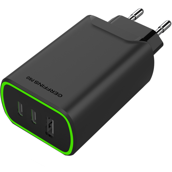 Зарядное устройство сетевое Gerffins Pro USB-A/С/С 65W, черное (GaN)